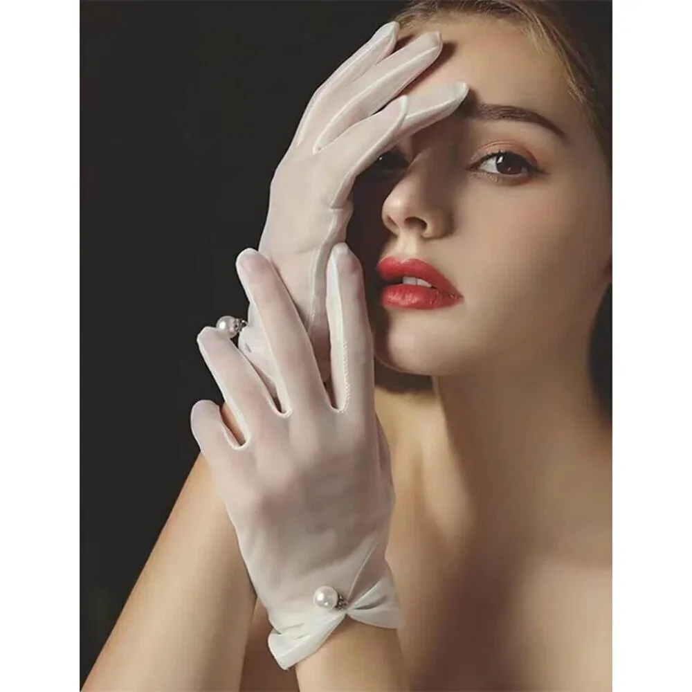 Women's Green Evening Pearl Short Gloves Wedding Dance Party Tea Accessories